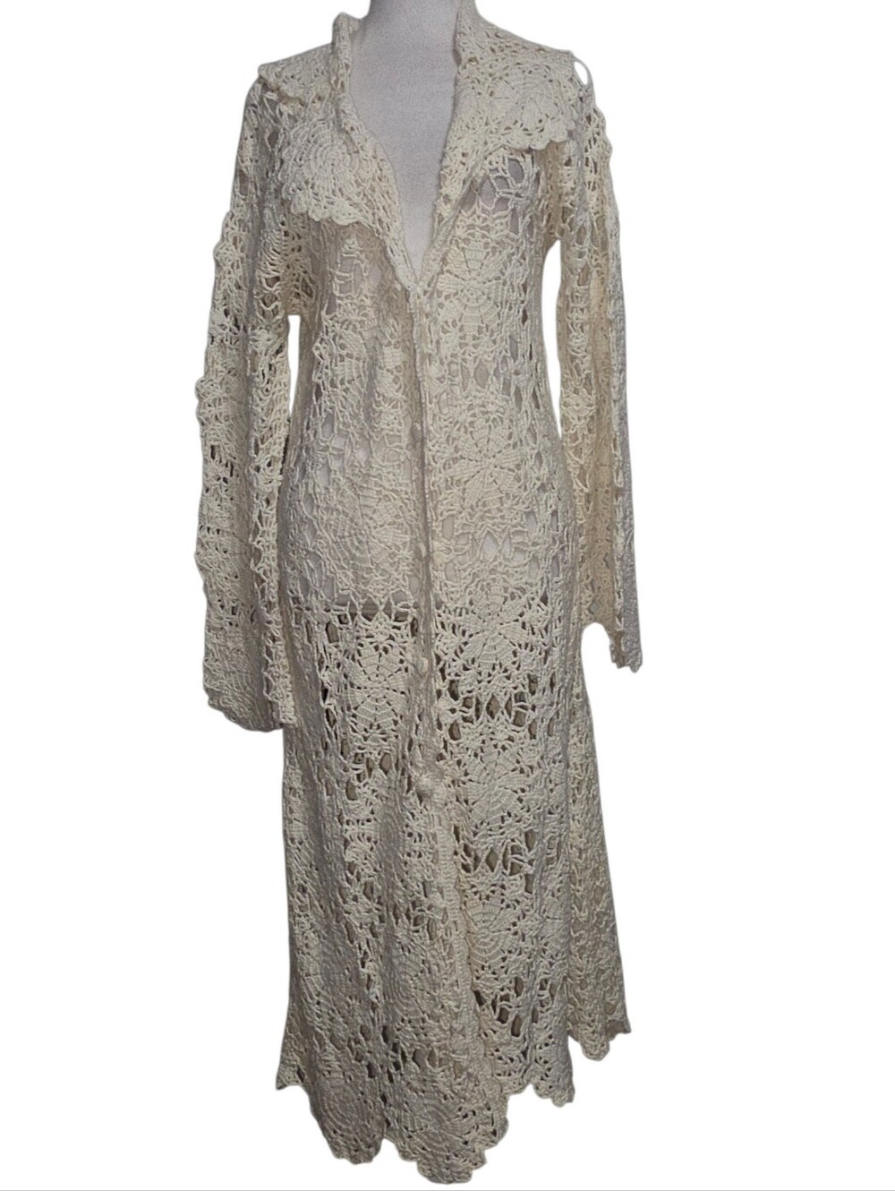 NEWPORT NEWS Crochet Duster Cardigan Boho Lace Open Knit Longline Ivory Sweater